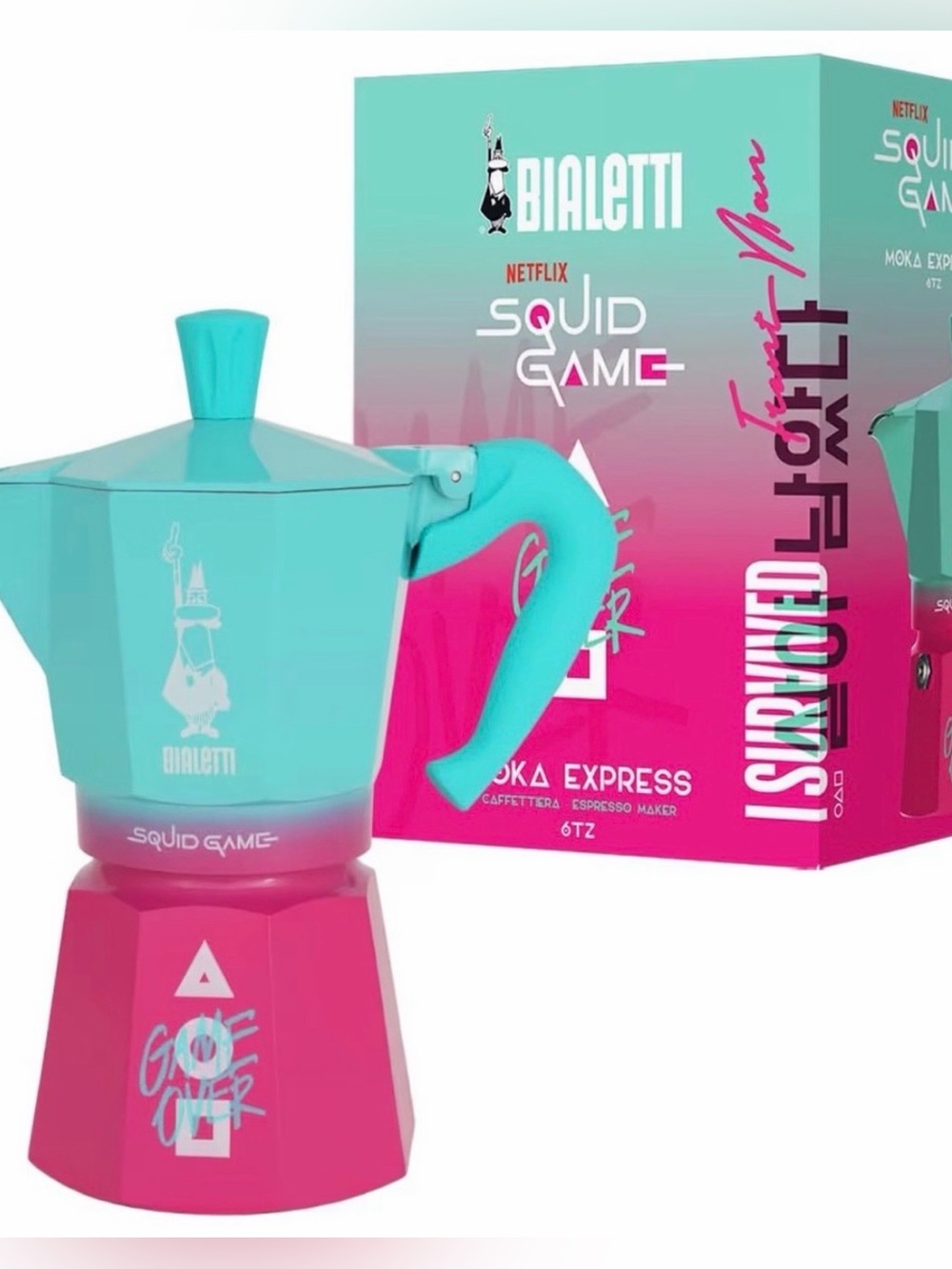 Bialetti Squid Game NWT Two-Tone Turquoise & Pink Moka Express Espresso Maker - Picture 2 of 11